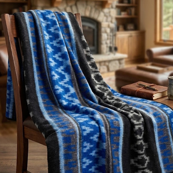 Blue patterned blanket draped over a wooden chair in a cozy living room.