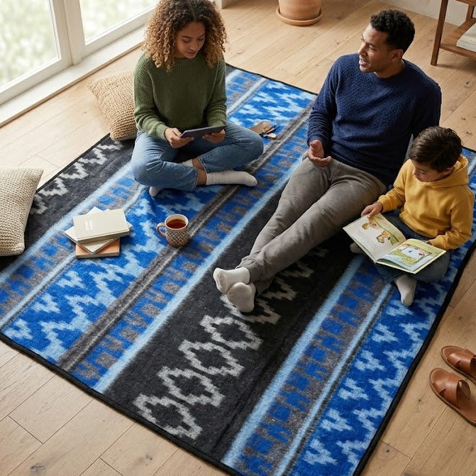 Family sitting on a blue patterned blanket in a bright room with large windows.