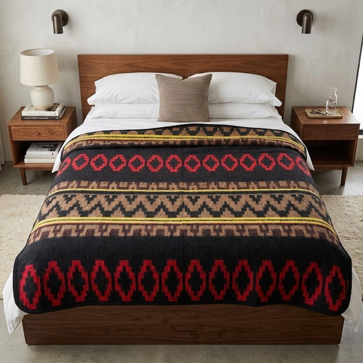 Bedroom with a wooden bed and patterned blanket