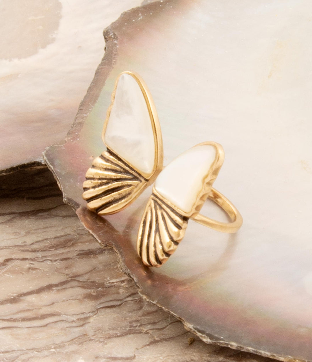 White Mother of Pearl Golden Butterfly Statement Ring