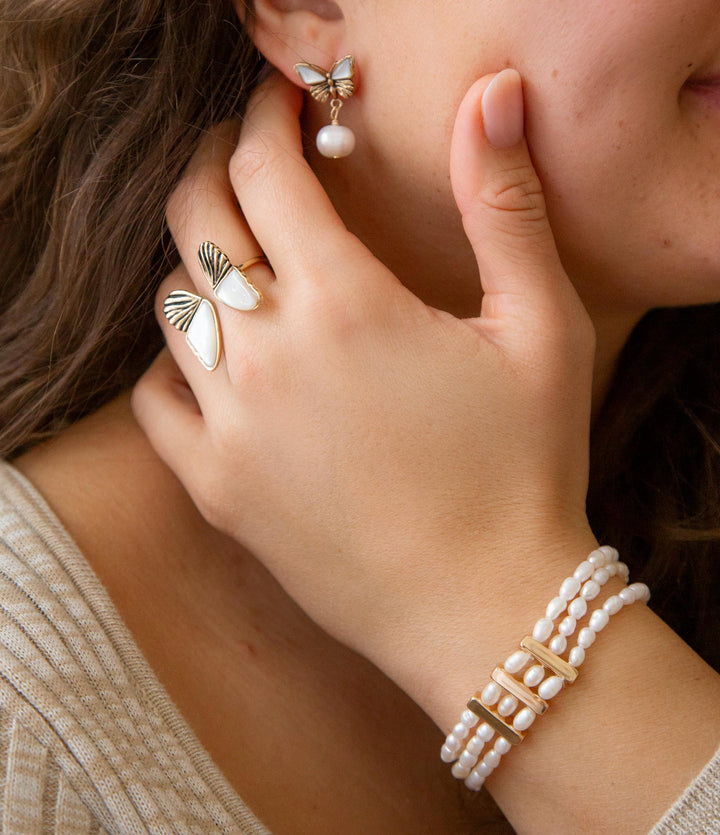 White Mother of Pearl Golden Butterfly Statement Ring