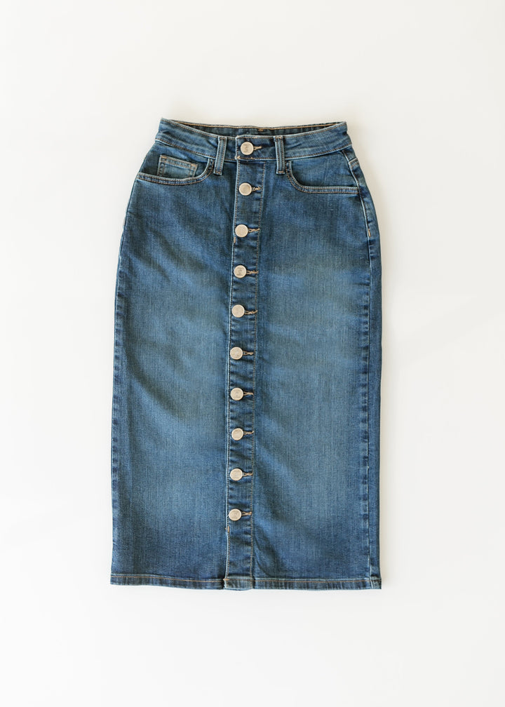 Zana Front Button Denim Midi Skirt