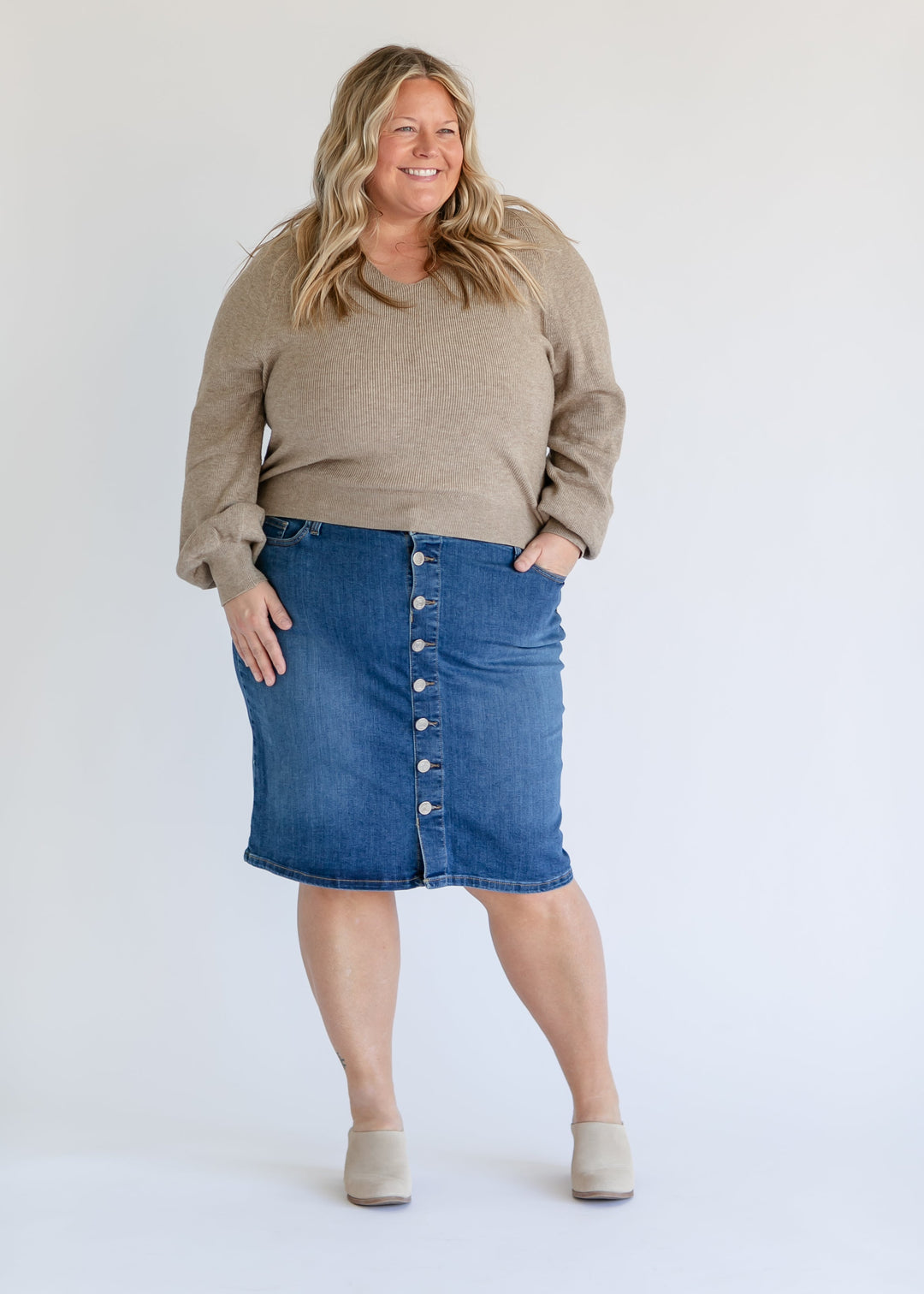 Zana Front Button Denim Midi Skirt