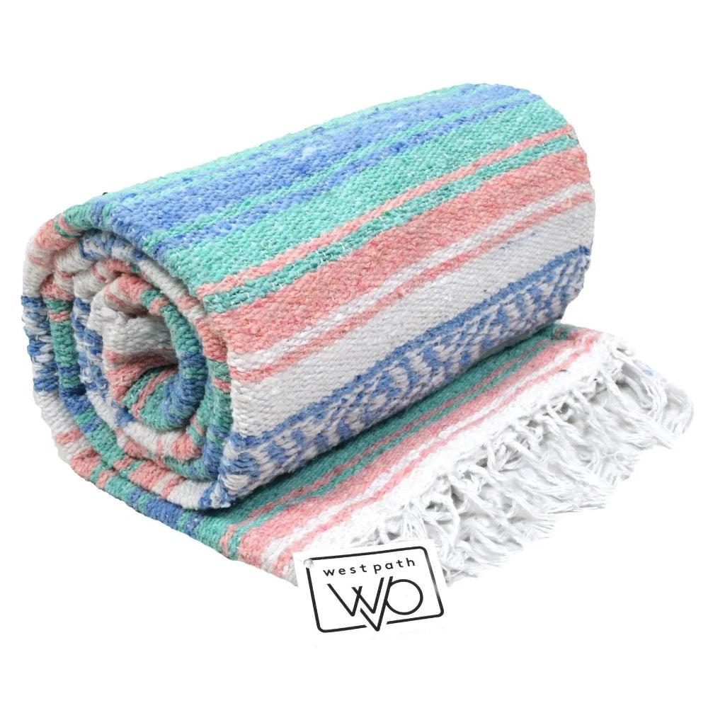 Mint, Blue & Coral Peach Mexican Falsa Blanket