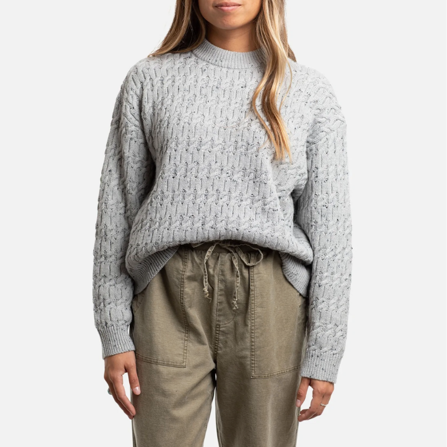  Wharf Cable Knit Sweater in Heather Gray made with eco-friendly materials 