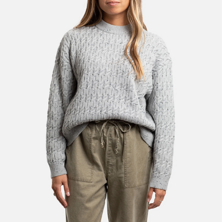  Wharf Cable Knit Sweater in Heather Gray made with eco-friendly materials 